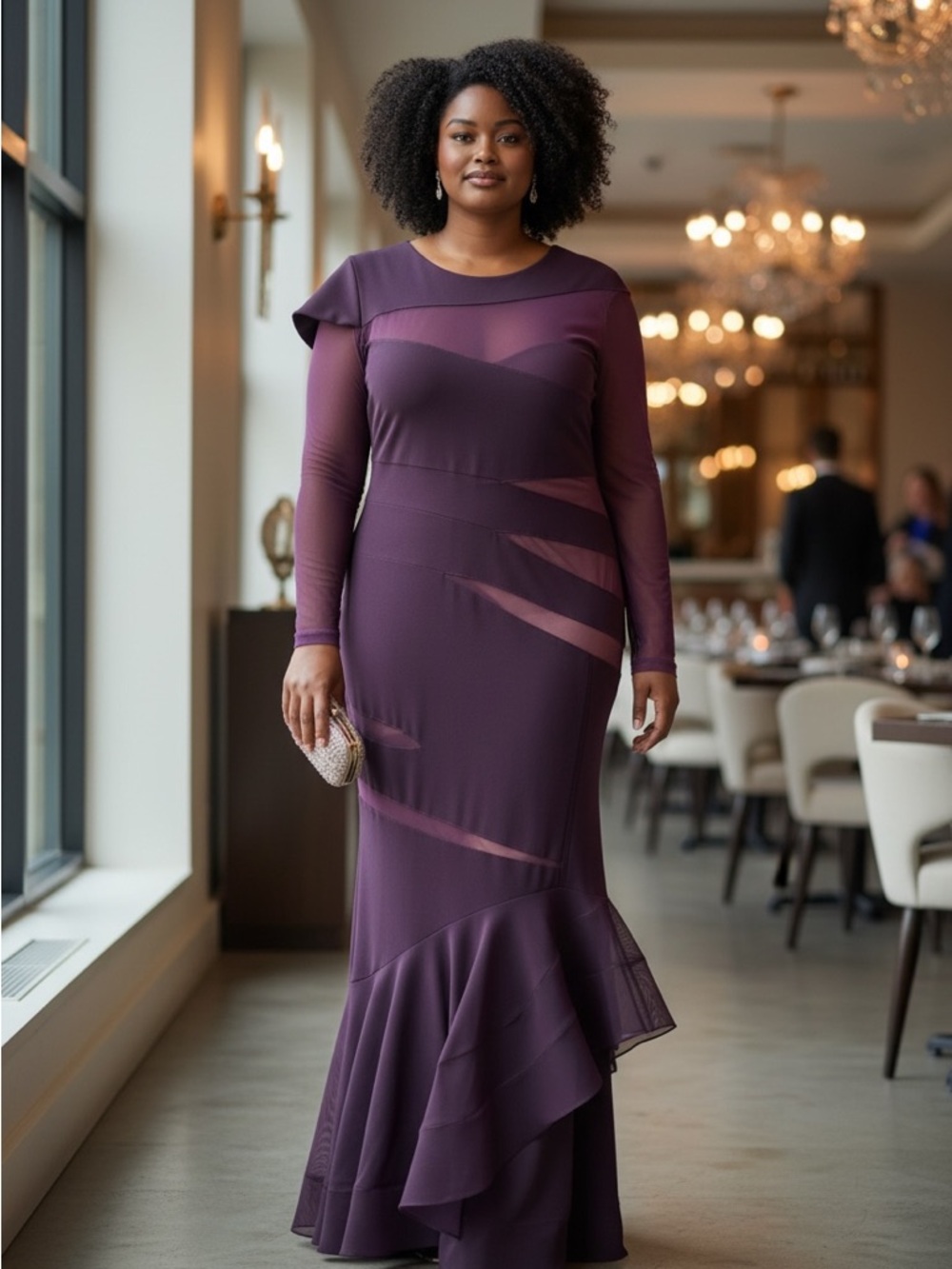 Elegant Plum Mesh-Panel Maxi Dress